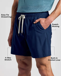 True ClassicNavy Active Quick Dry Shorts with Liner, featuring drawstrings and sweat-wicking fabric.