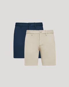 True Classic7 Sandstone & Navy Chino Shorts 2-Pack, tailored with side pockets.