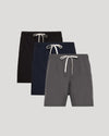 9 Active Quick Dry Shorts 3-Pack with elastic waistbands and drawstrings.