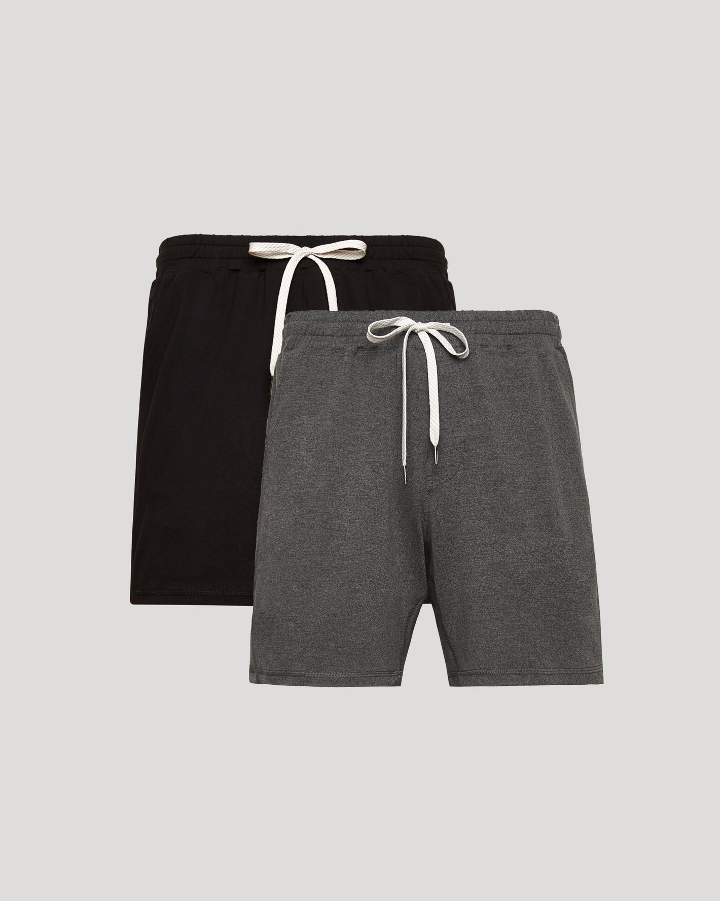 Neutral Tones Active Comfort Shorts 2-Pack, featuring elastic waistbands and drawstrings.