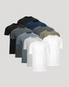 Collection of men's t-shirts in various colors on a light gray background