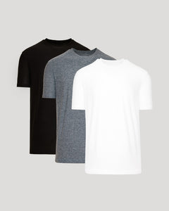 True ClassicActive Crew 3-Pack: plain white, heather-gray, and black crew-neck T-shirts.