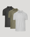 Active Short Sleeve Polo 3-Pack with charcoal, olive, and light gray shirts.