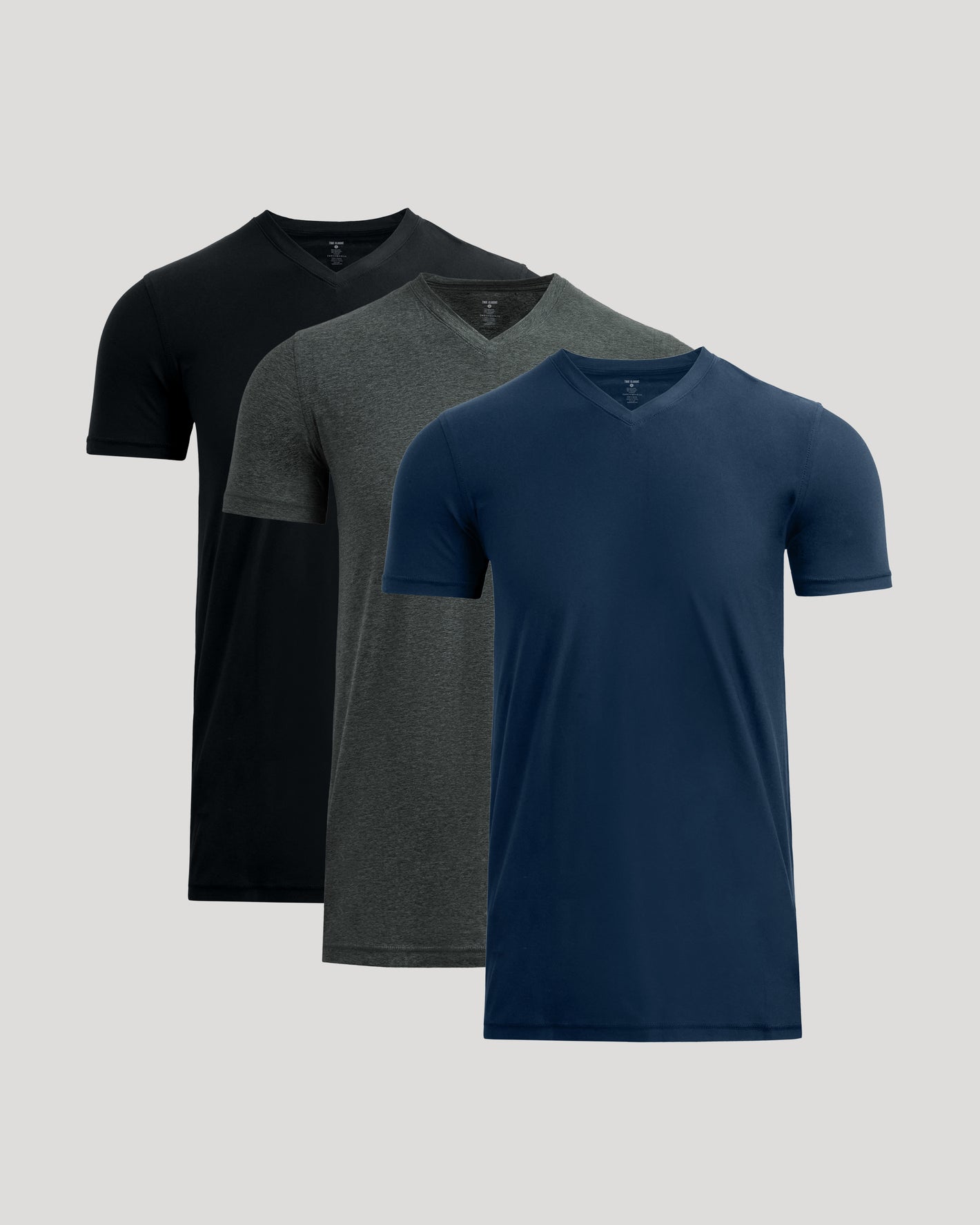 Tall Active V-Neck 3-Pack, featuring navy, gray, and black tees.