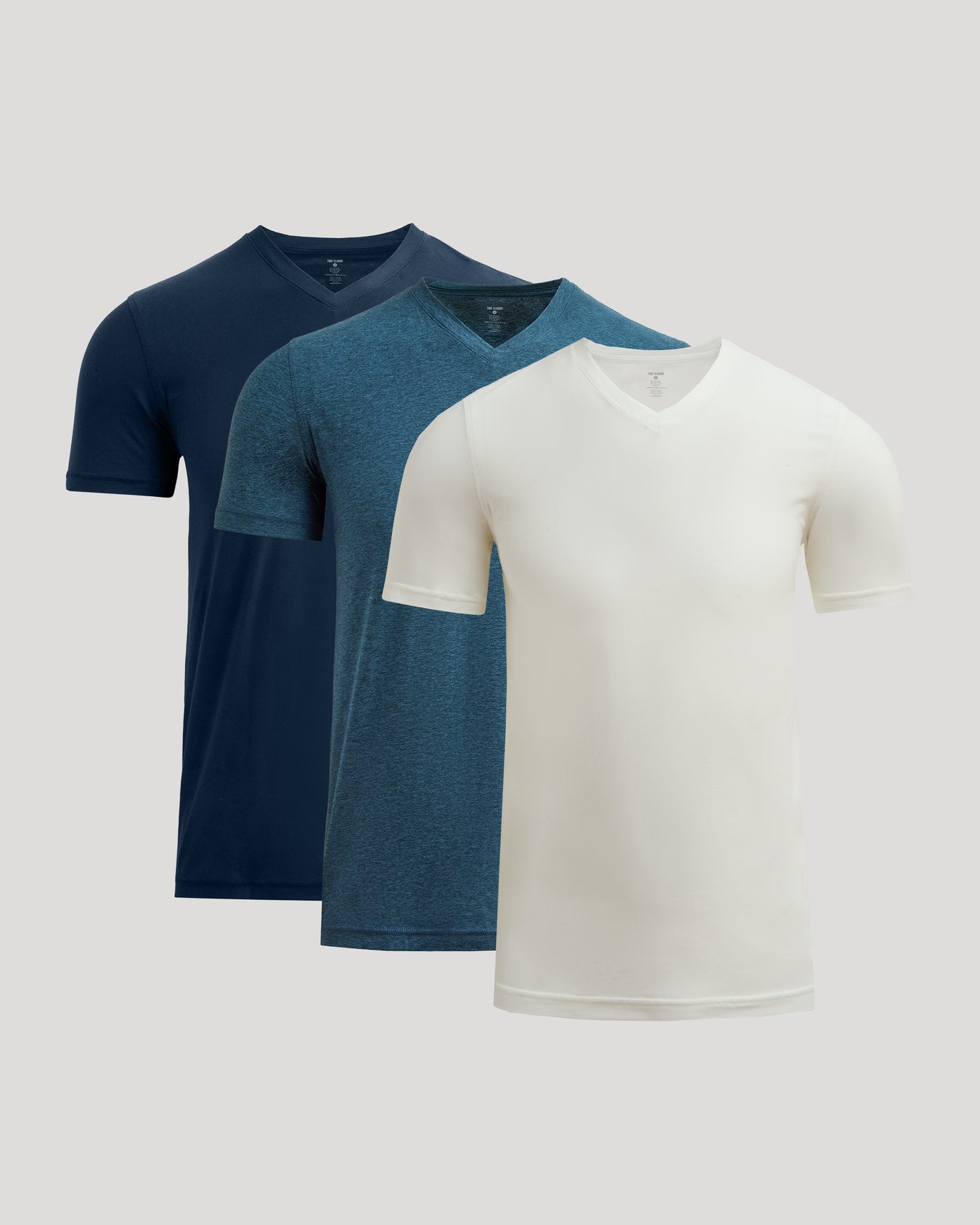 Active V-Neck 3-Pack T-Shirts layered in cream, teal, and navy.