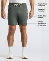 Neutral Tones Active Comfort Shorts, highlighting drawcord, zip pockets, stretch fabric.