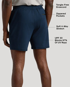 True ClassicMan wearing Charcoal & Dark Heather Navy Active Comfort Shorts, rear view.