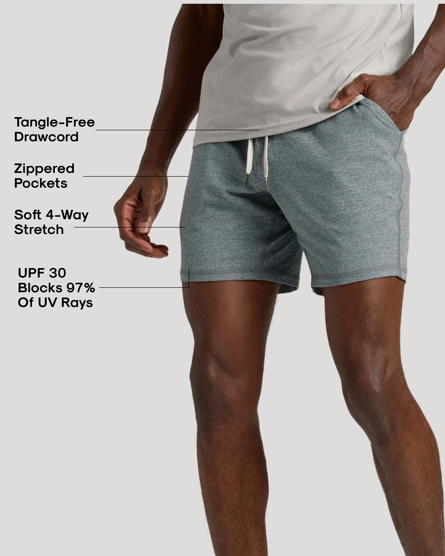 Heather Gray Active Comfort Shorts with drawcord, zippered pockets, and 4-way stretch.