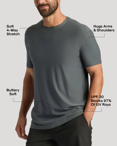 True ClassicMan wearing Active Crew 3-Pack charcoal-gray performance T-shirt, highlighting features.