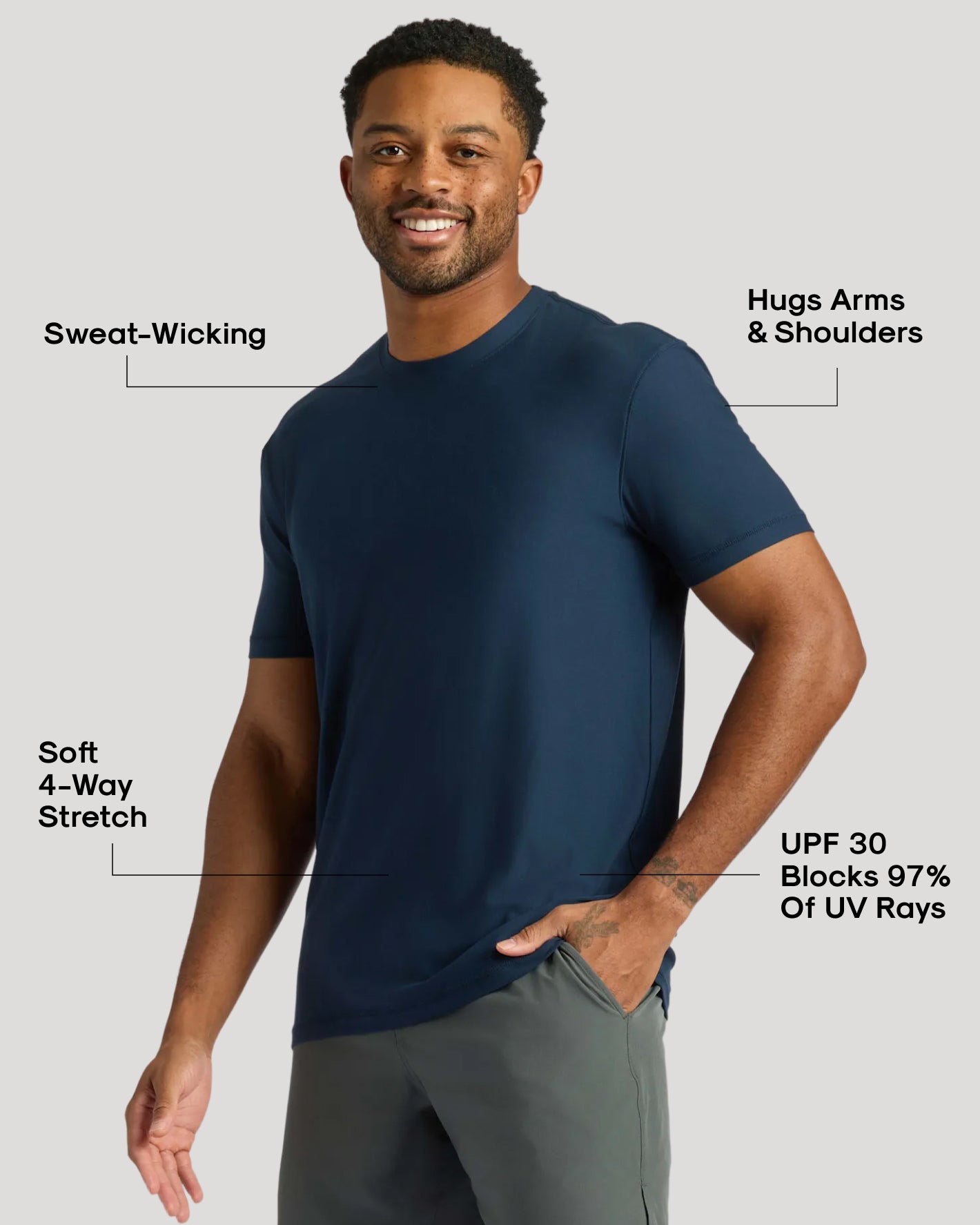 Fundamental Active Crew 3-Pack: Man wearing navy performance T-shirt, slate-gray shorts.