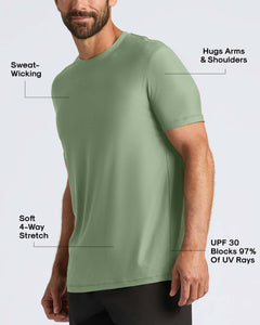 True ClassicMan wearing a green athletic shirt with text highlighting features on a white background