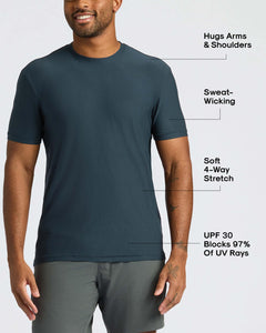 True ClassicMan wearing a dark gray t-shirt with text highlighting features on a white background