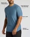 A man wearing a blue short-sleeve athletic shirt with text callouts highlighting features such as buttery soft 4-way stretch, sweat-wicking and odor-blocking, built-in SPF, and a modern curved hem.