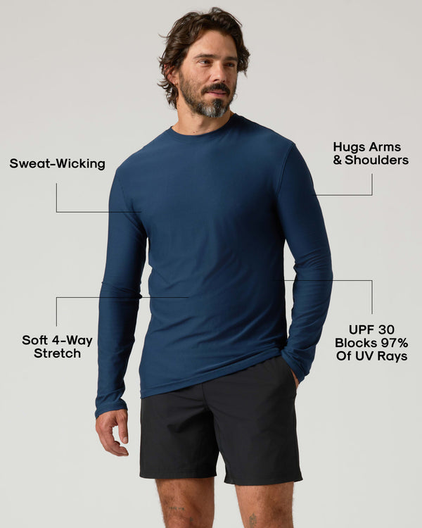 Navy Active Long Sleeve Crew T-Shirt on a man, showcasing performance features.