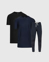 Active Sampler 3-Pack: black and navy crew-neck tees, navy joggers.