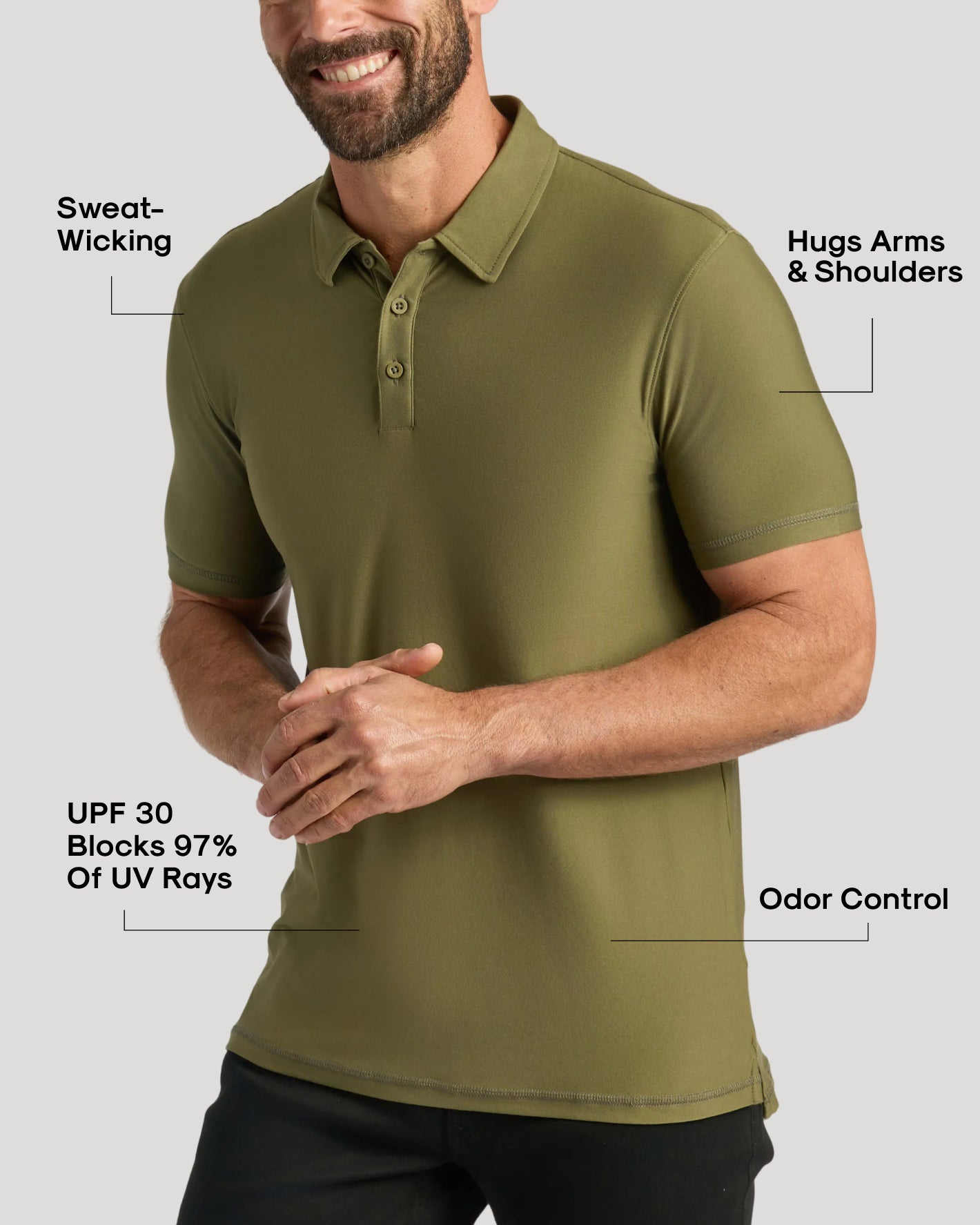 Man wearing Active Short Sleeve Polo 3-Pack showcasing sweat-wicking, UPF 30, and odor control features.