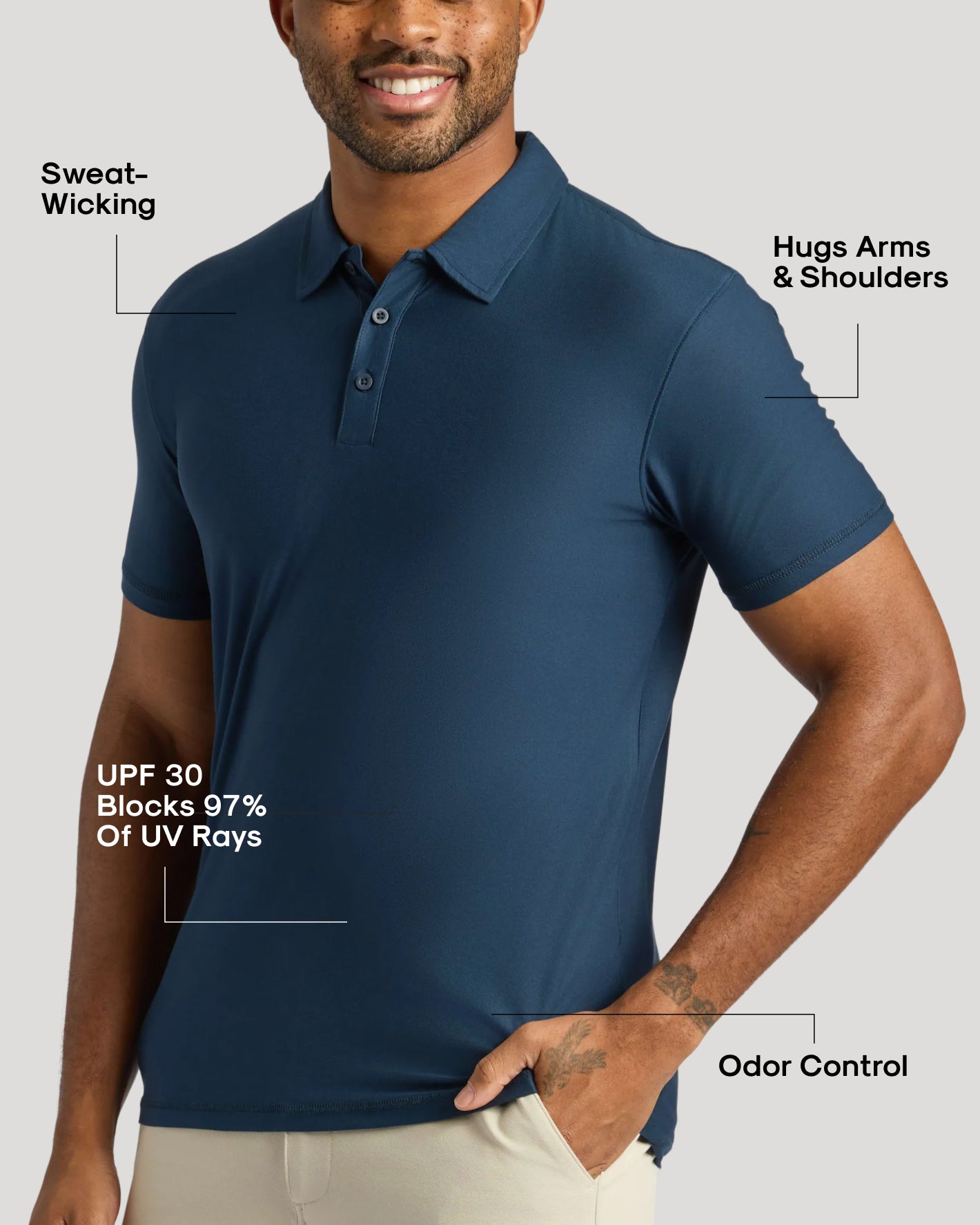 Navy Active Polo 2.0 showcasing performance features and fit.