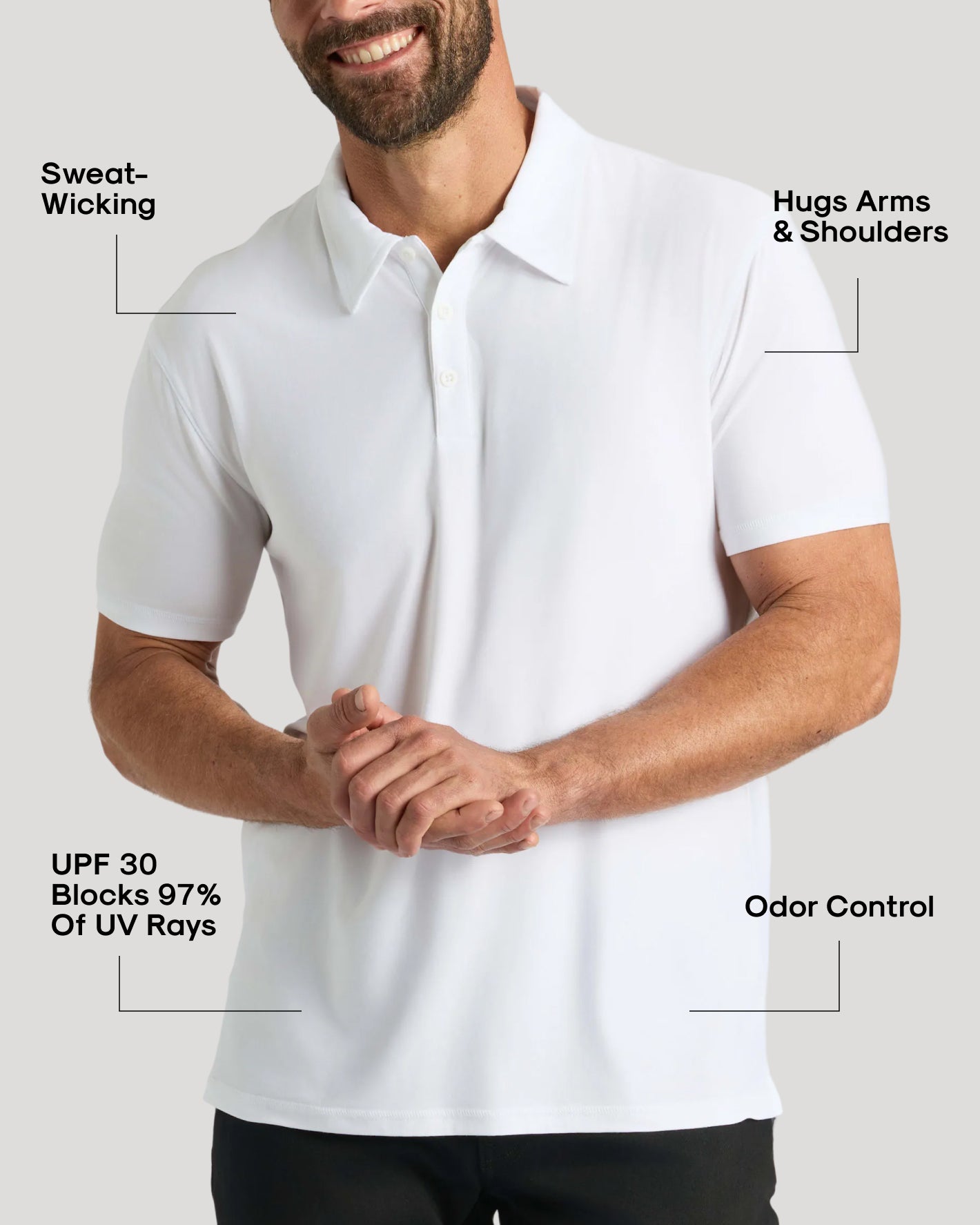 Man wearing All White Active Polo 2-Pack, highlighting sweat-wicking, UV protection, odor control.