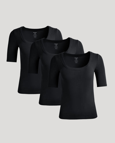 Womens Black Ribbed 3/4 Sleeve Scoop Neck Tee 3-Pack