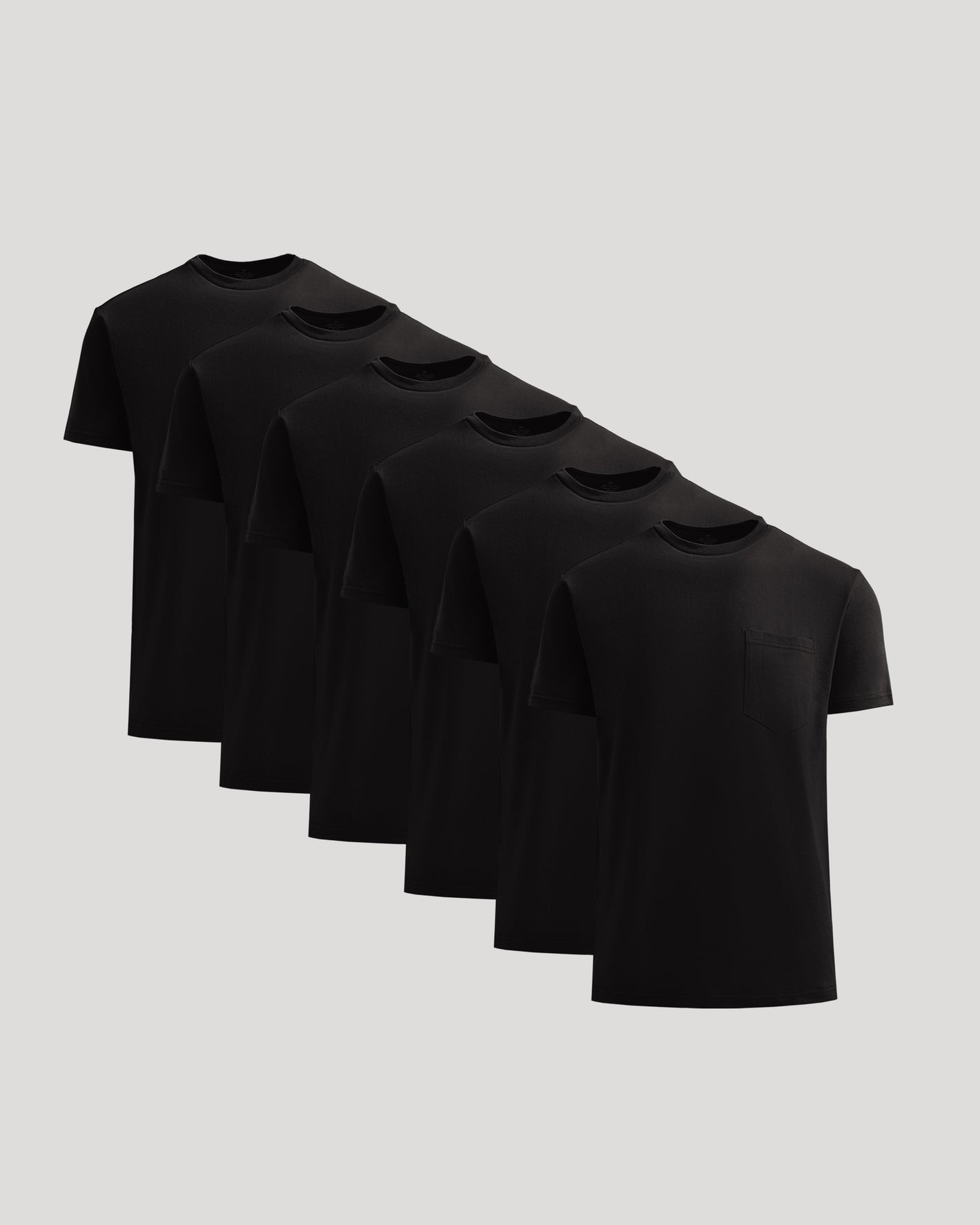 All Black Heavyweight Pocket Crew 6-Pack, fanned display, front shirt pocket.