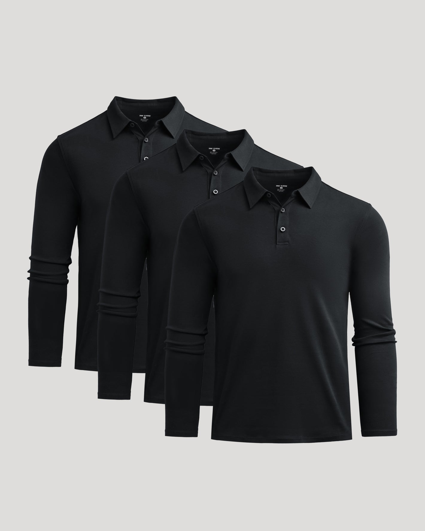 All Black Long Sleeve Premium Pima Polo 3-Pack neatly displayed.