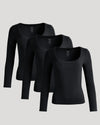Womens Black Ribbed Long Sleeve Scoop Neck Tee 3-Pack displayed.