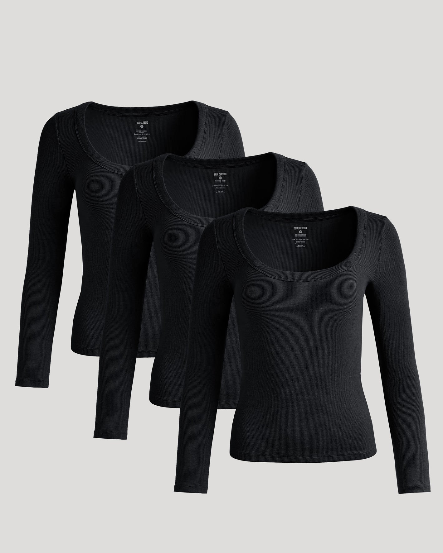 Womens Black Ribbed Long Sleeve Scoop Neck Tee 3-Pack displayed.