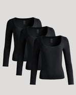 Womens Black Ribbed Long Sleeve Scoop Neck Tee 3-Pack