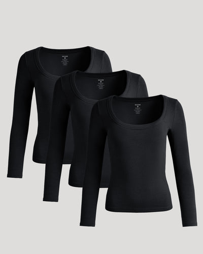 Womens Black Ribbed Long Sleeve Scoop Neck Tee 3-Pack
