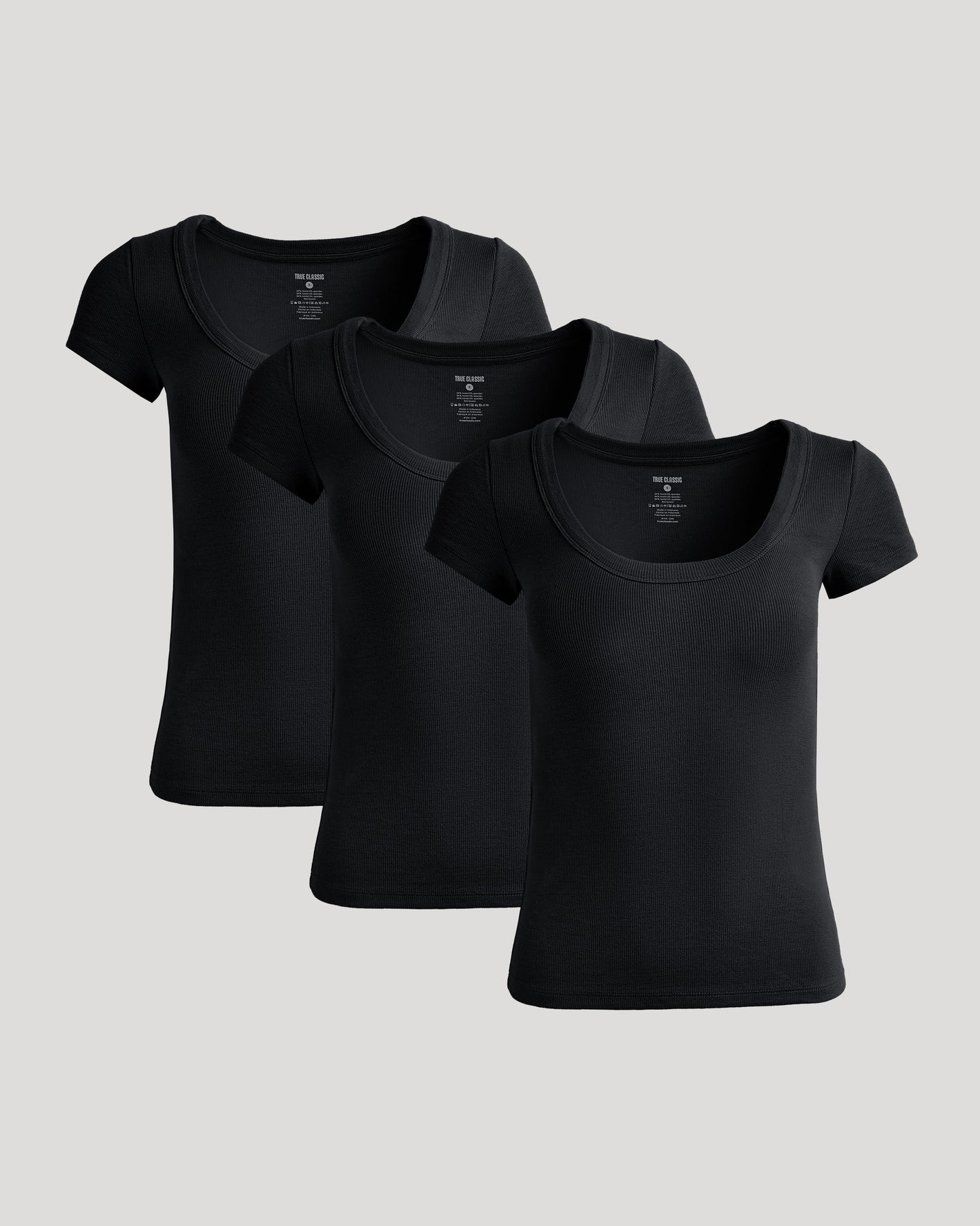 Womens Black Ribbed U-Neck Tee 3-Pack, stretch fabric, scoop-neck design.