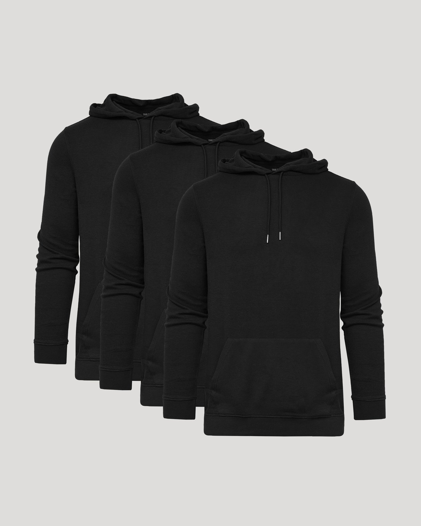 All Black Classic Waffle Hoodie 3-Pack with kangaroo pockets, drawstrings.