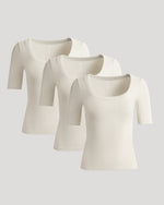 Womens Oatmeal Ribbed 3/4 Sleeve Scoop Neck Tee 3-Pack