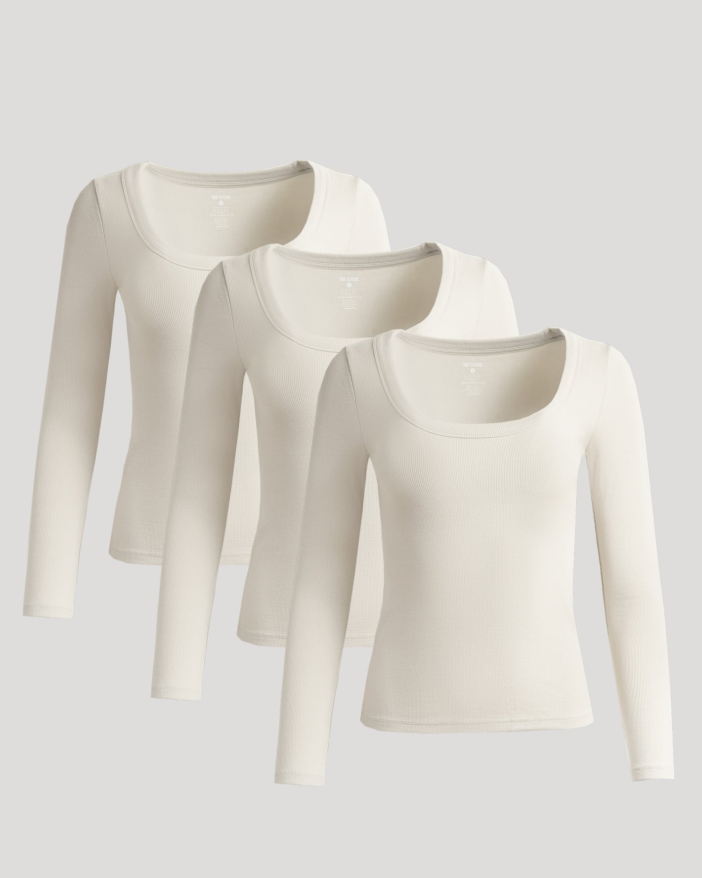 Women's Oatmeal Ribbed Long Sleeve Scoop Neck Tee 3-Pack, perfect for layering.