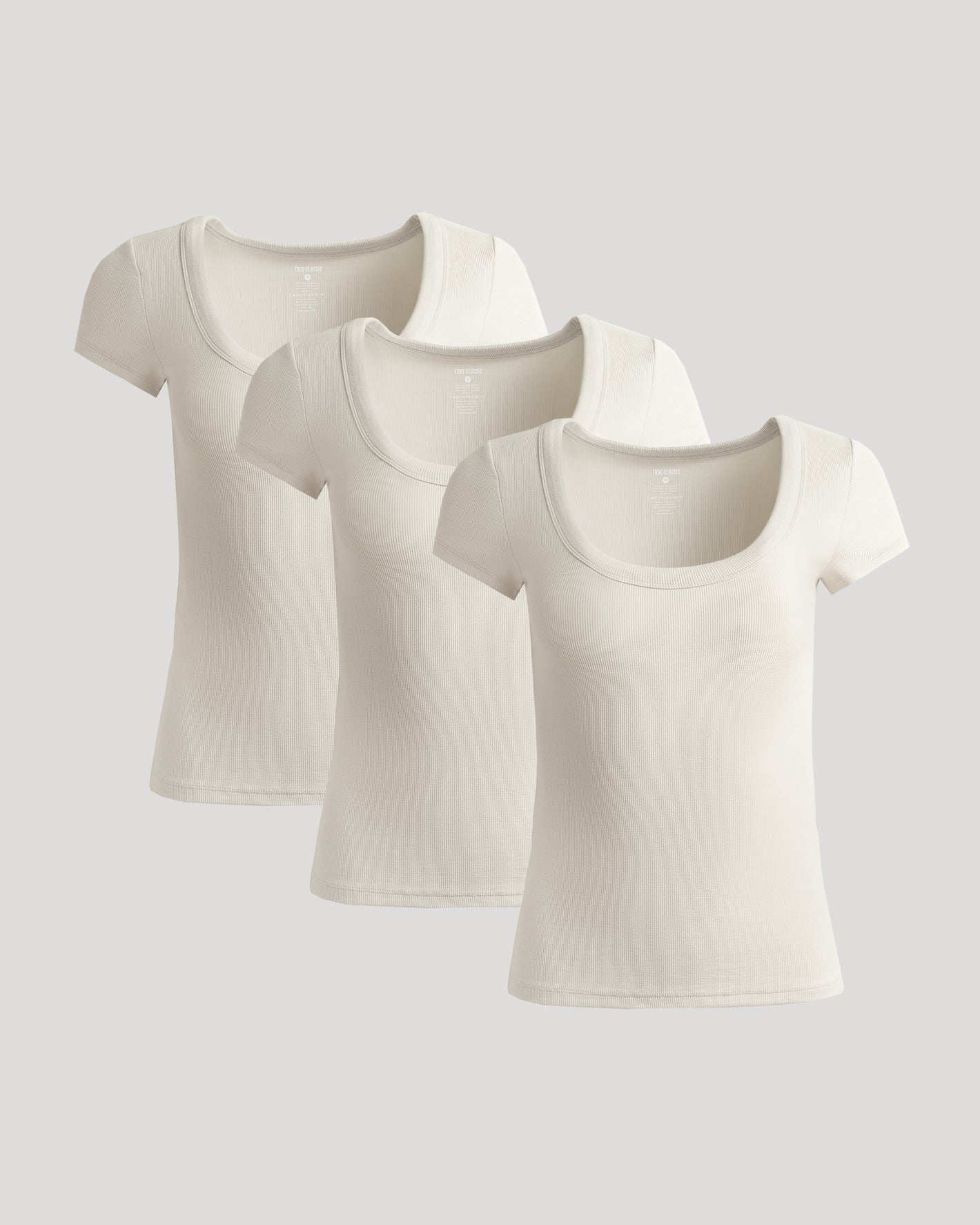 Womens Oatmeal Ribbed U-Neck Tee 3-Pack with scooped necklines.