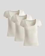 Womens Oatmeal Ribbed U-Neck Tee 3-Pack