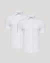 All White Short Sleeve Performance Dress Shirt 2-Pack displayed side by side.