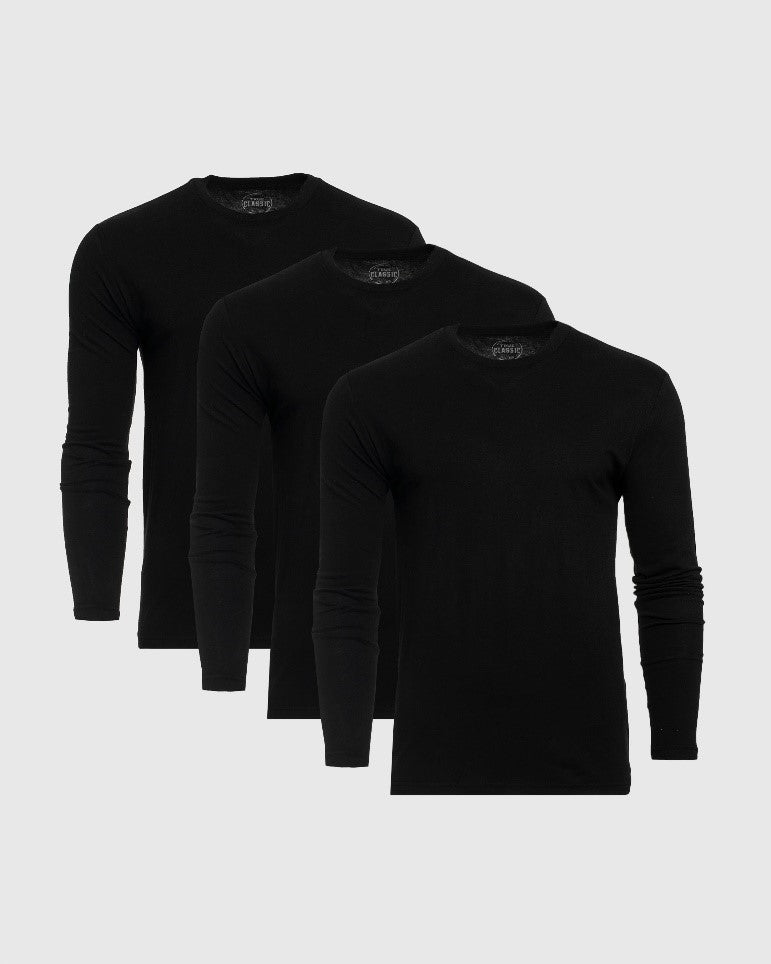 All Black Tall Long Sleeve Crew 3-Pack shirts displayed side by side.