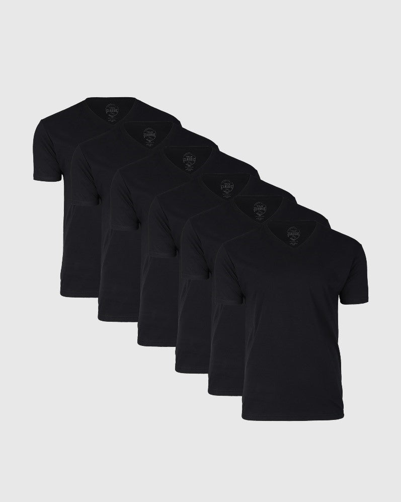 Black Classic V-Neck 6-Pack, six plain black V-neck T-shirts.
