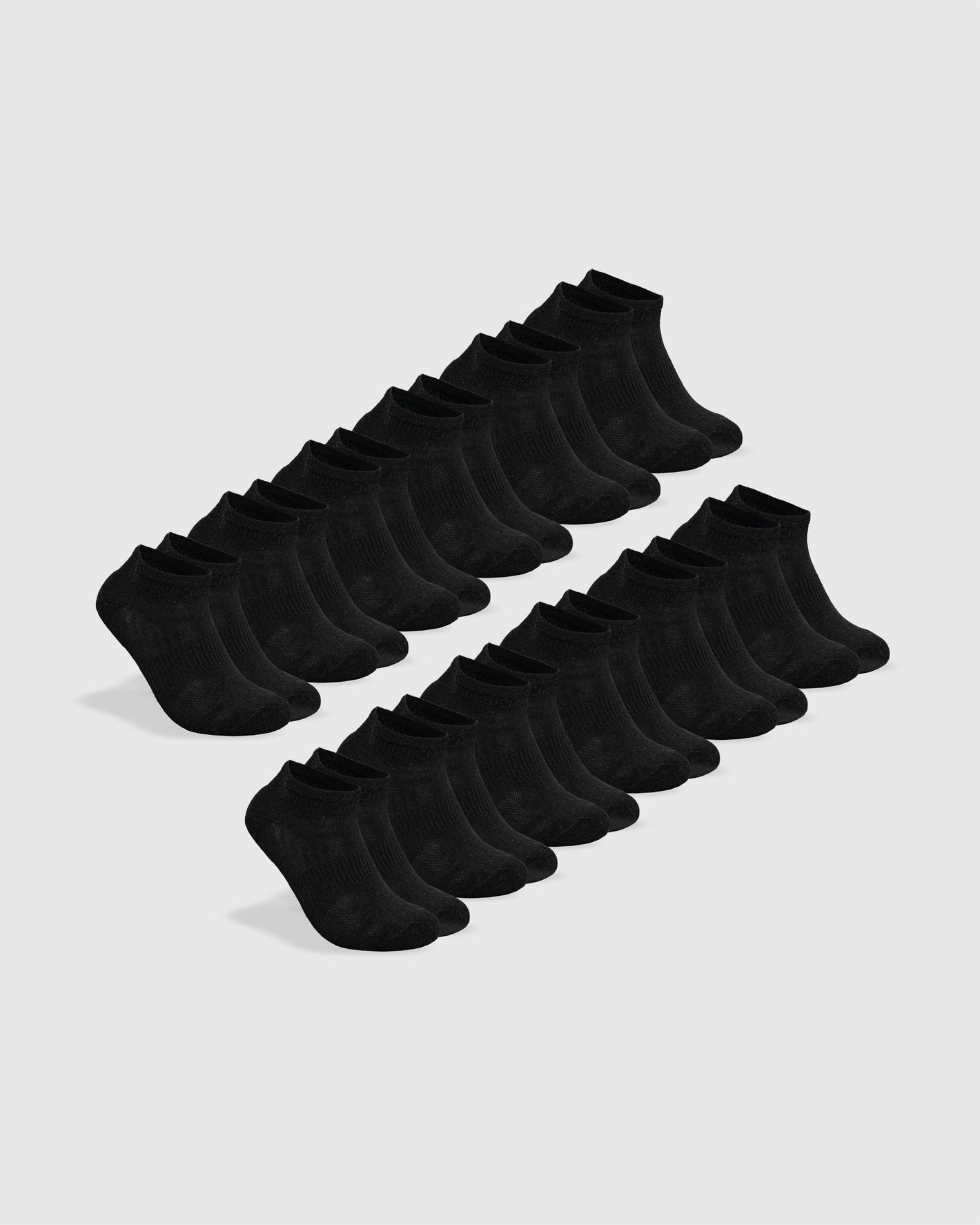 Black Ankle Socks 12-Pack staggered display, showcasing seamless toe design.