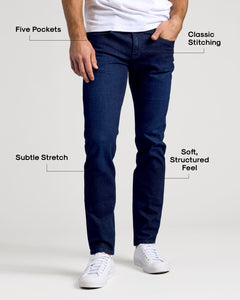 True ClassicIndigo Rinse Slim Authentic Denim Jeans with five pockets and classic stitching.