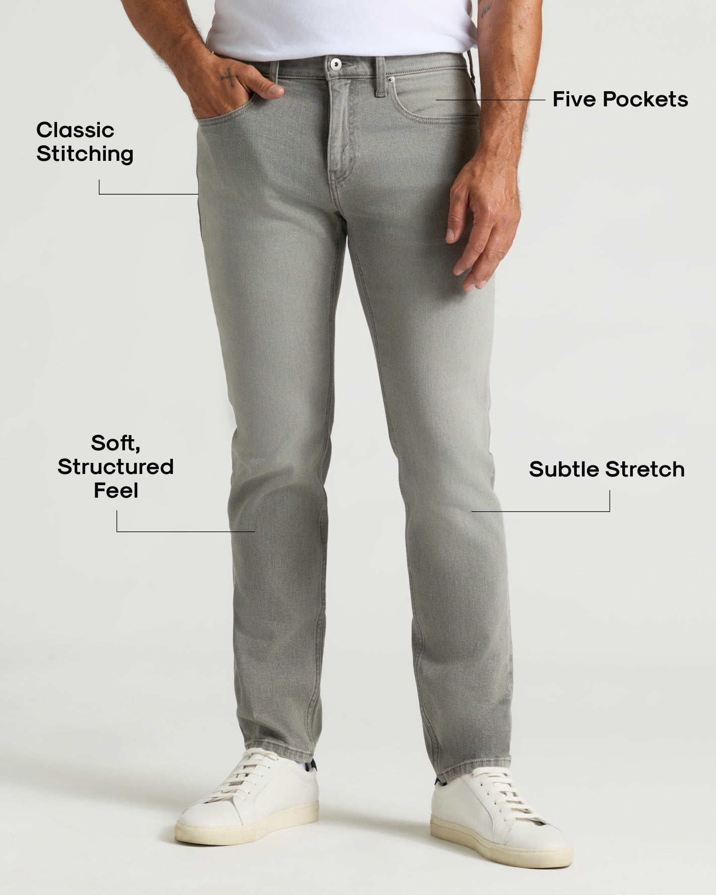 Man wearing Medium Gray Wash Slim Authentic Denim Jeans.