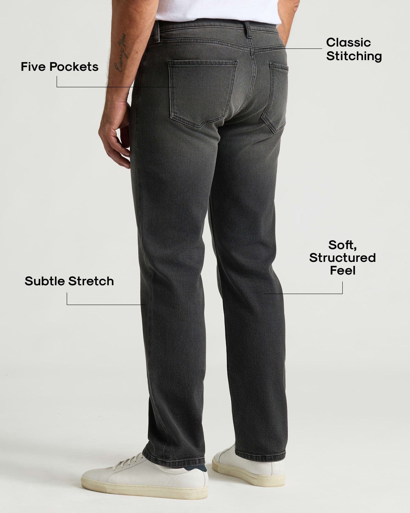 Gray Wash Straight Authentic Denim Jeans showcasing five pockets and subtle stretch.