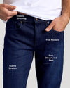 Indigo Rinse Straight Authentic Denim Jeans with classic stitching and stretch.