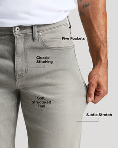 True ClassicGray jeans with text labels on features like 'Five Pockets', 'Classic Stitching', 'Soft Structured Feel', and 'Subtle Stretch'.