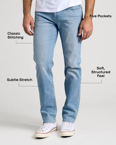 True ClassicLight Indigo Wash Straight Authentic Denim Jeans with classic stitching and subtle stretch.