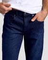 Indigo Rinse Straight Authentic Denim Jeans with hand in pocket.
