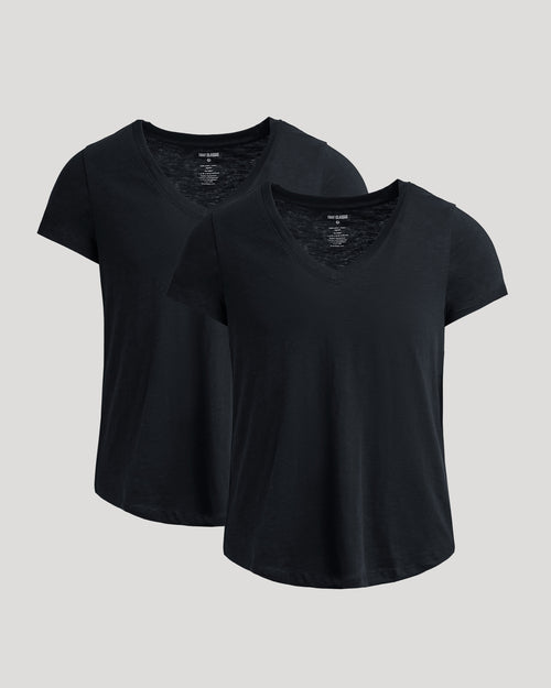 Womens Black Relaxed Slub V-Neck Tee 2-Pack against a gray background.