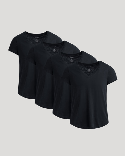 Womens Black Relaxed Slub V-Neck Tee 4-Pack displayed against a neutral backdrop.
