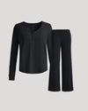 Womens Black Waffle Long Sleeve Henley & Waffle Leg Pant Set