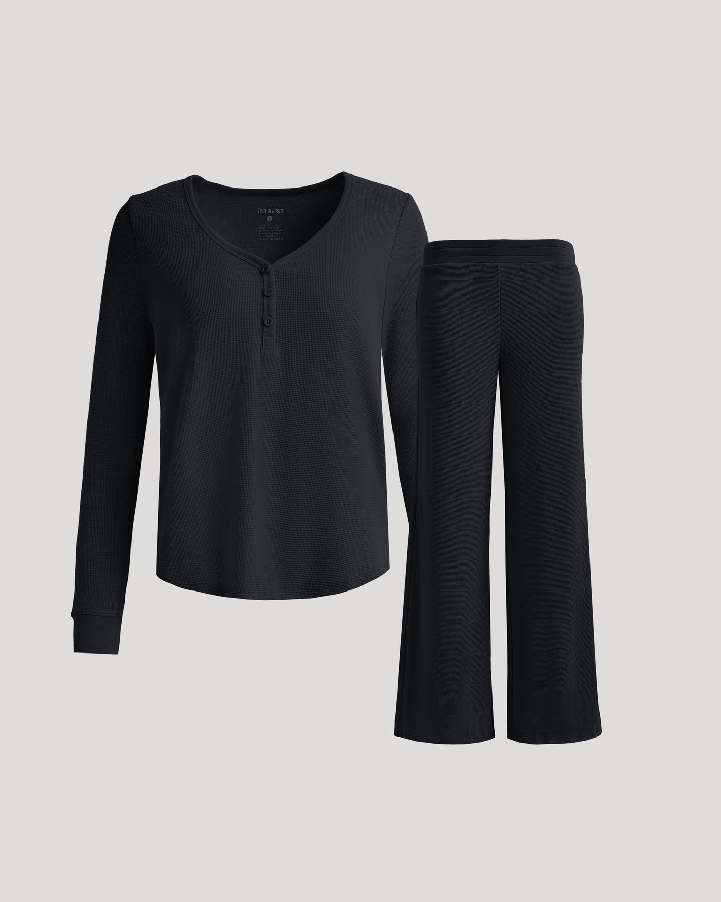 Womens Black Waffle Long Sleeve Henley & Waffle Leg Pant Set